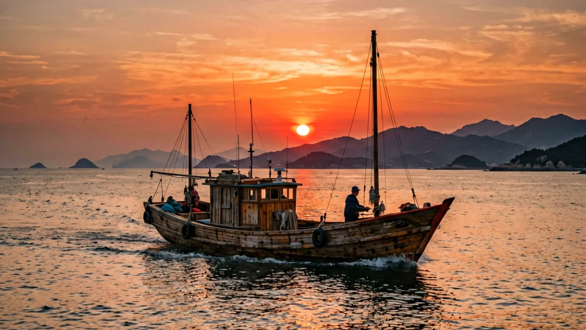 黑桃视频自制纪录片海岸线第二季宣传画面，海面与渔船在暖色夕阳下的实拍场景